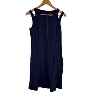 J Jill FIT Womens Sport Dress XS Navy Blue Sleeveless Knit Midi Zip Tennis Golf